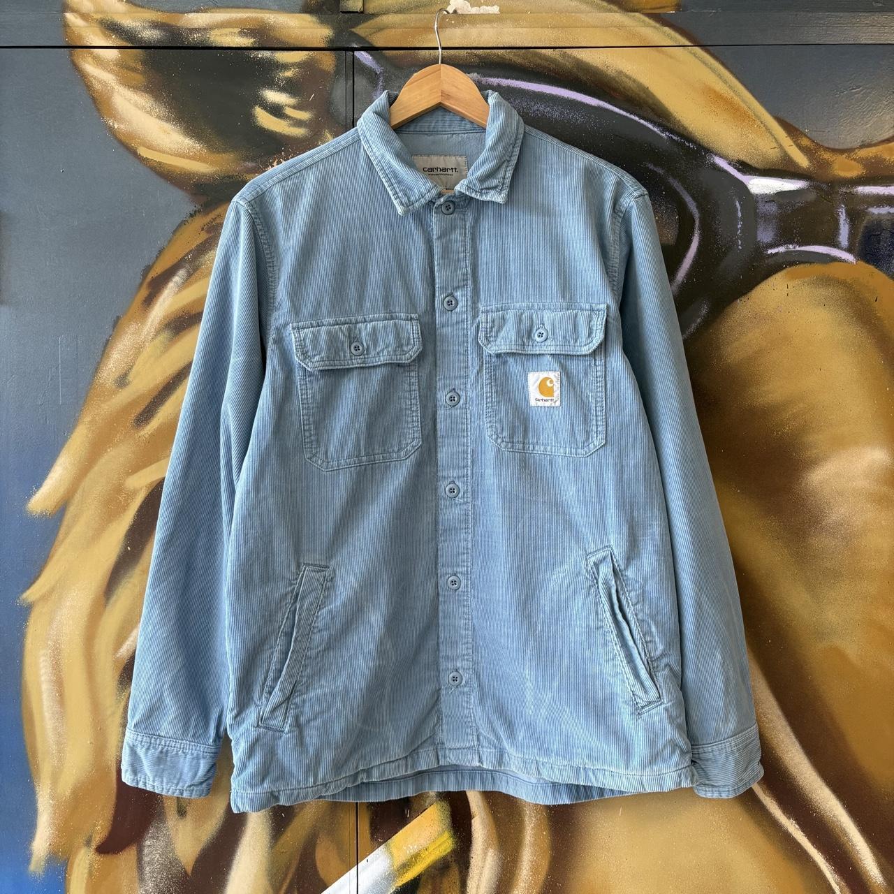 Carhartt WIP Shirt Mens Small Light Blue Dixon Double Pocket Corduroy Collared Button Up Top Y2K 90s