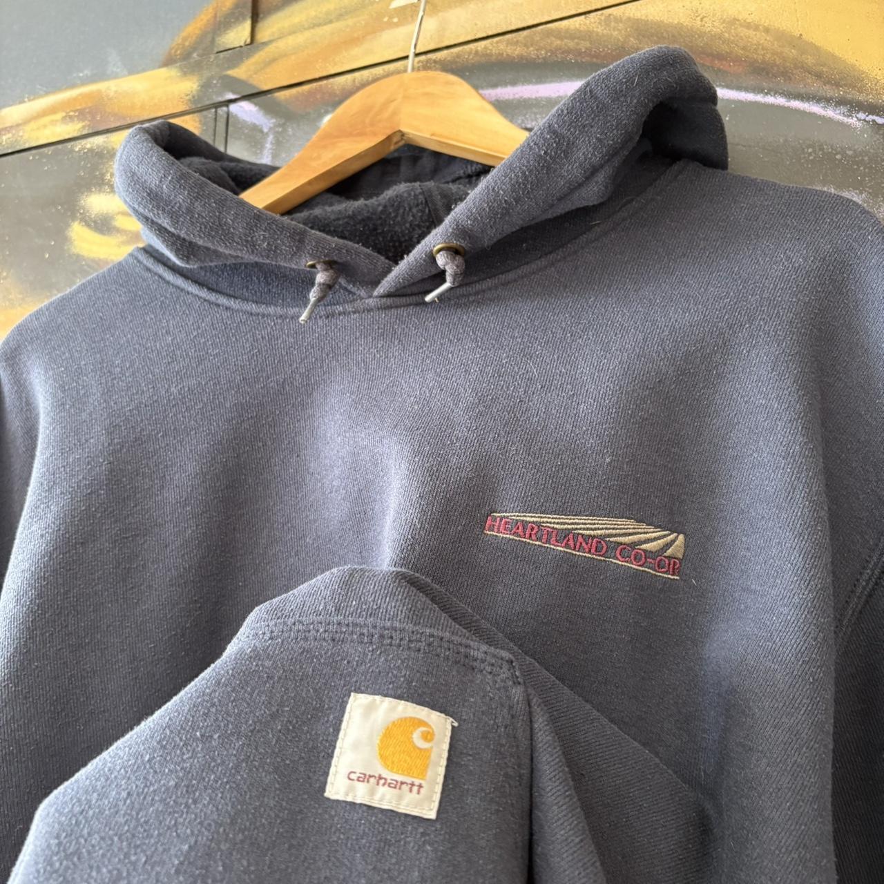 Carhartt WIP Hoodie Mens XL Navy Logo Spellout Sweatshirt Streetwear Skate Pullover Kangaroo Pouch Jumper Top 90s Y2K