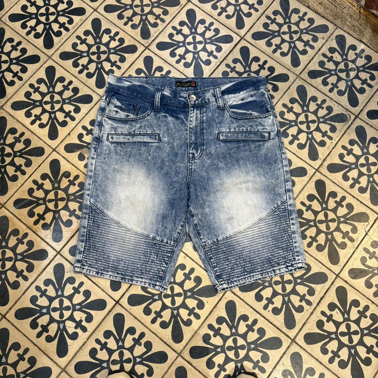 JRT144 - Vintage Retro Essential Guess Blue Wash Ribbed Biker Denim Shorts Jorts with detailed patch Logo #biker #y2k #jorts #skater #guess