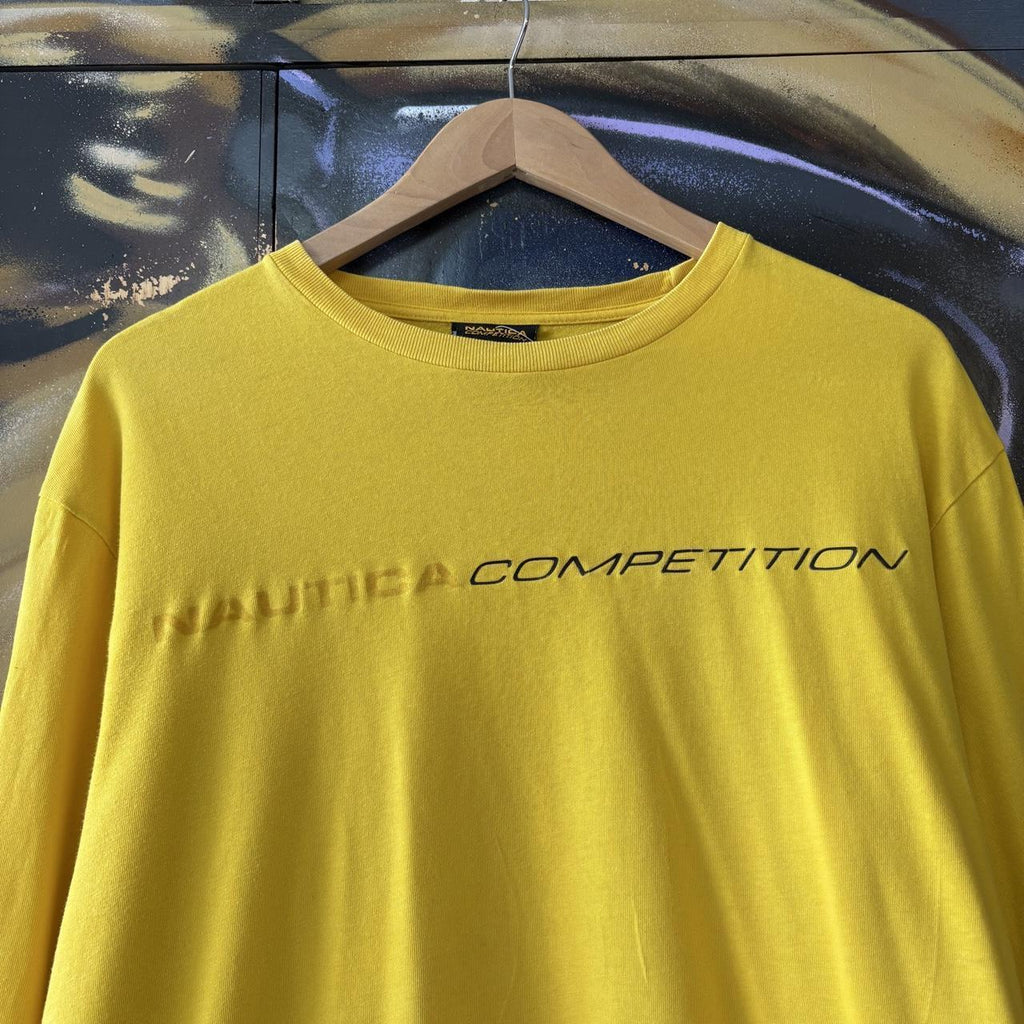 Nautica Competition T shirt Mens Medium Yellow Longsleeve Side Stripe Sailing Graphic Print Streetwear Tee Top 90s Y2K 00s