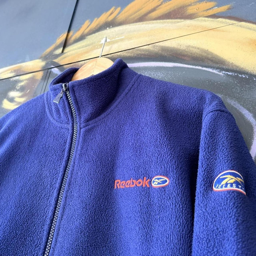 Vintage Retro Essential Navy Reebok Full Zip Up Fleece Jumper Sweatshirt with  embroidered patch logo #90s #sportswear #essential #y2k #reebok