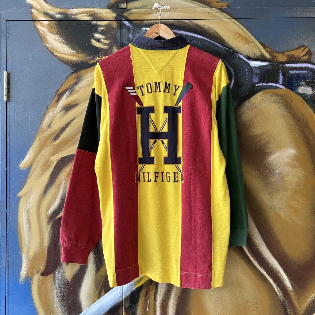 Vintage Tommy Hilfiger Rugby Jersey Red Yellow Striped Preppy Pony Logo Collared Button Up Top Y2K 90s