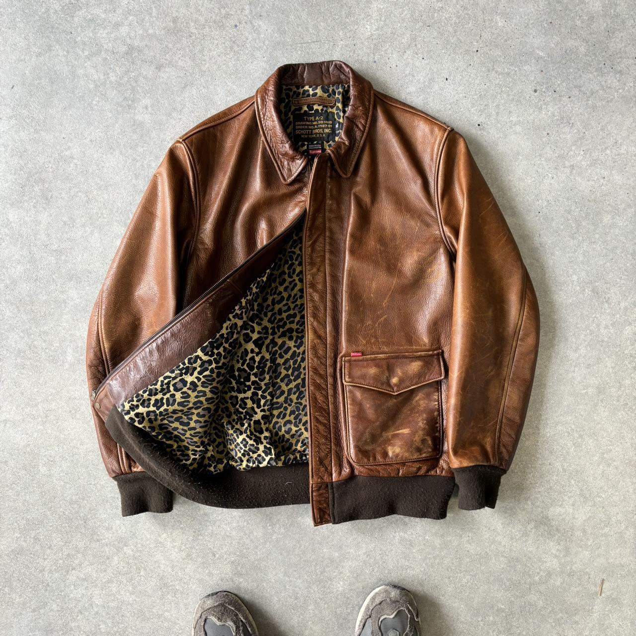 Essential Brown Schott USA x Supreme New York skate leopard print lining type A2 Bomber real cowhide leather flight pilot jacket coat 2015 release with tab as seen