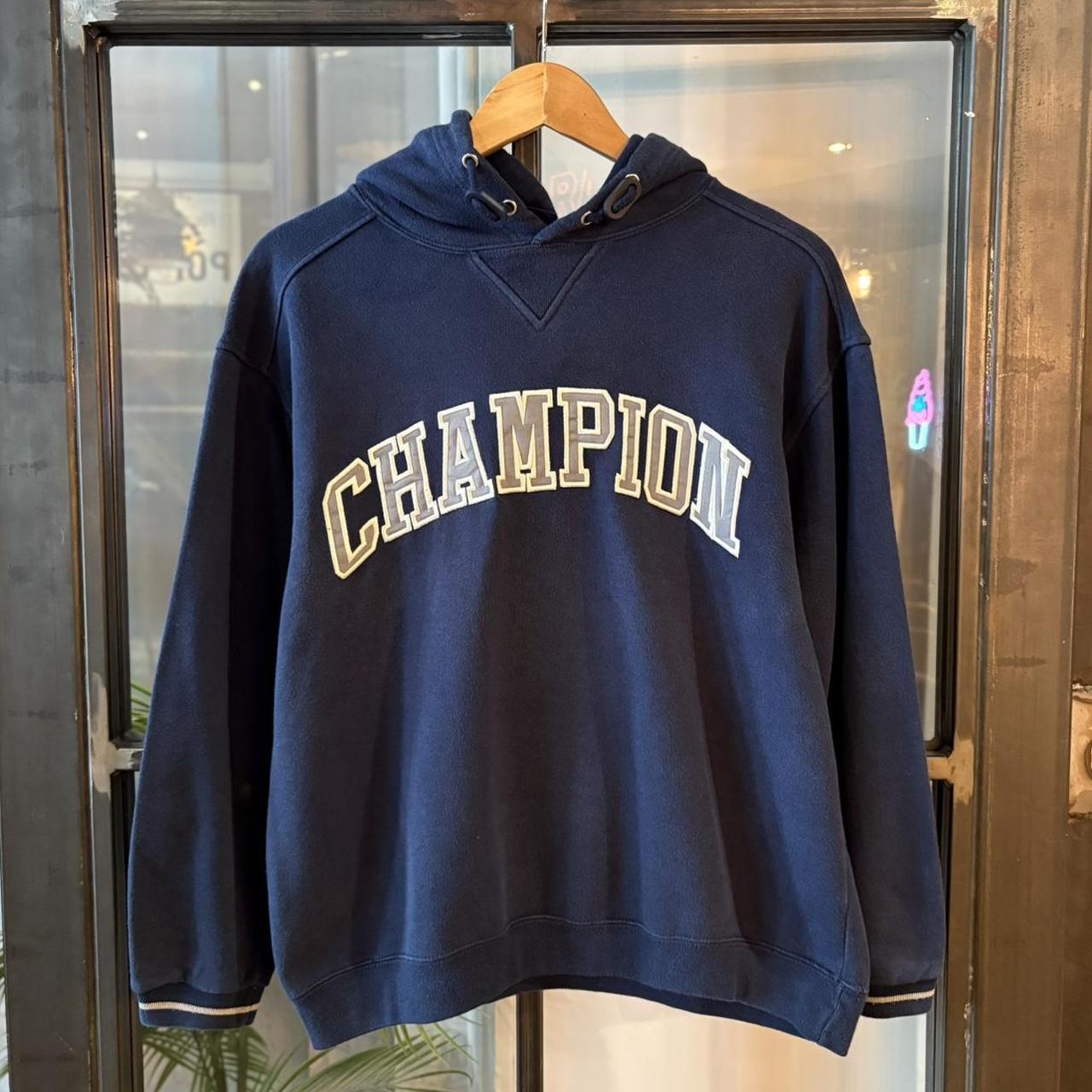 Vintage Retro Essential Navy Champipn Sweatshirt Hoodie with embroidered patch spell out logo #90s #sportswear #essential #champion #y2k