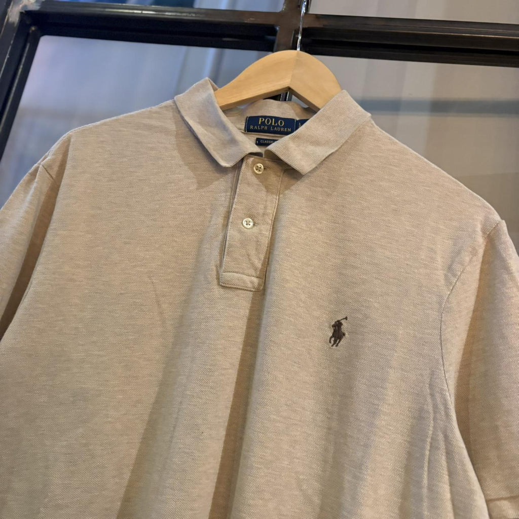 POL524F-P - Vintage Retro Ralph Lauren Plain Beige Polo Shirt Short Sleeve collared button up top  #Y2K #preppy #chiefkeef #oldmoney #ralphlauren