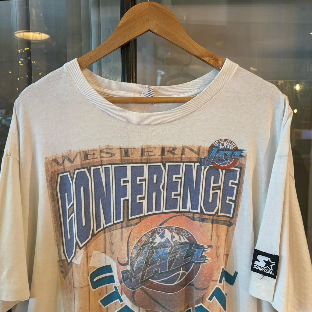 0325A70UP1 - Vintage Retro Essential White NBA Utah Jazz Western Conference Champions 1997 Single Stitch Graphic Print Top Tee T-shirt on starter tag #90s #basketball #nba #utahjazz #starter