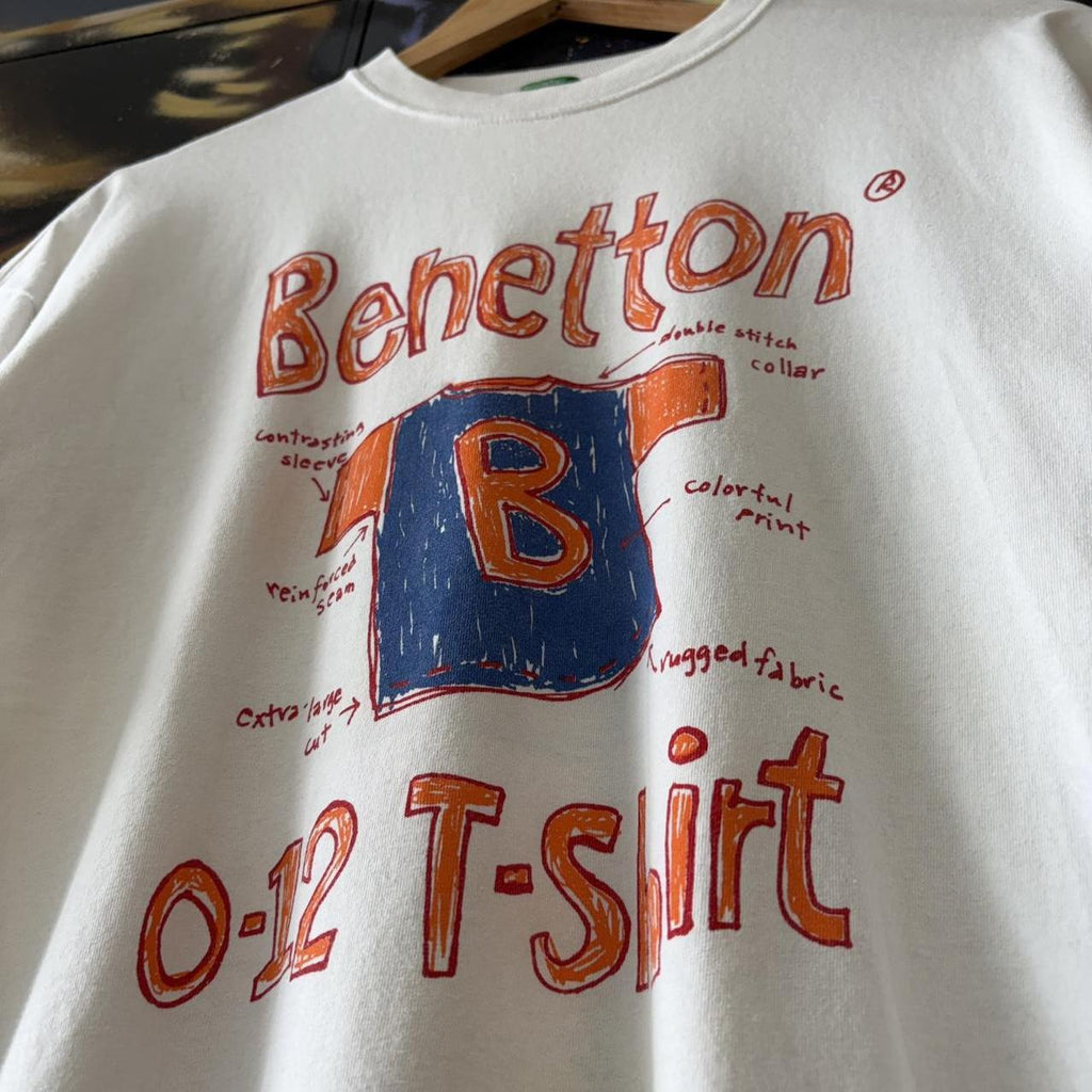 Vintage Benetton T Shirt Mens Small White 0-12 Graphic Print Logo Doodle Streetwear Tee Top 90s Y2K
