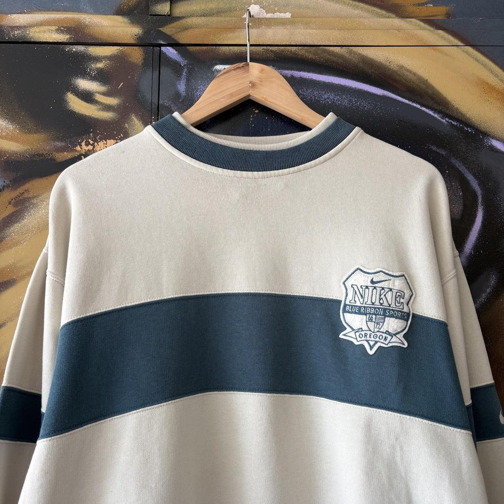 Vintage Nike Sweatshirt Mens Medium Blue Off White Blue Ribbon Sports Patch Logo Ribbed Pullover Jumper Top 90s Y2K 00s