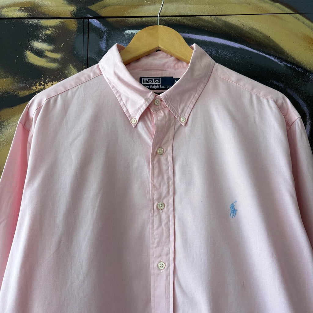 Vintage Ralph Lauren Polo Shirt Mens XL Plain Pink Preppy Pony Logo Collared Button Up Top Y2K 90s