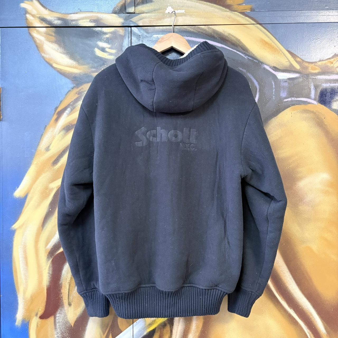 MES1102AK-U - Vintage Retro Essential Black Schott NY Blafk Sherpa Lined Sweatshirt Hoodie with embossed spell out back hit logo #90s #streetwear #schnottny #schontt #y2k