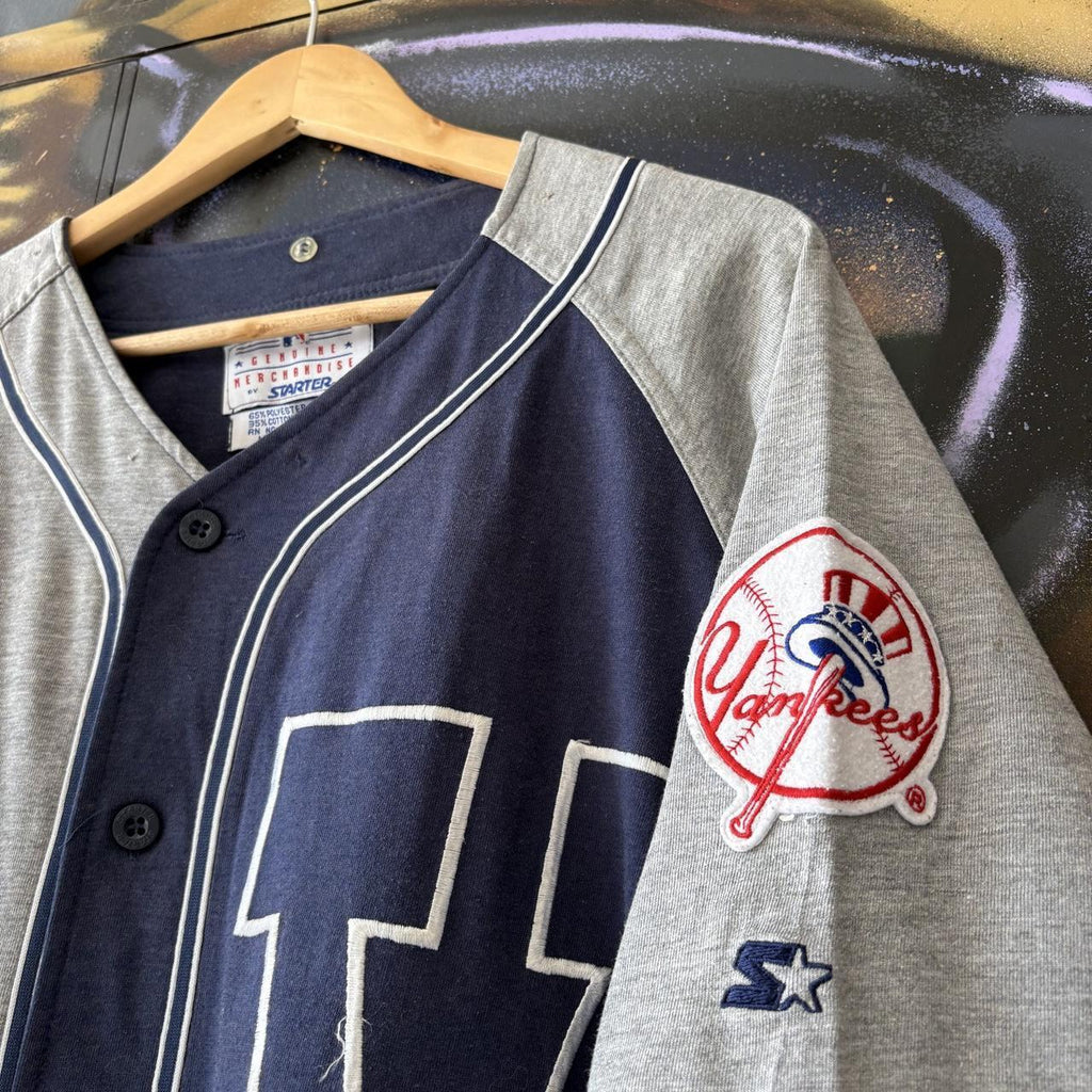 Vintage New York Yankees T shirt Mens Large Navy Grey Button Up Baseball Jersey Training Tee Top 90s Y2K 00s
