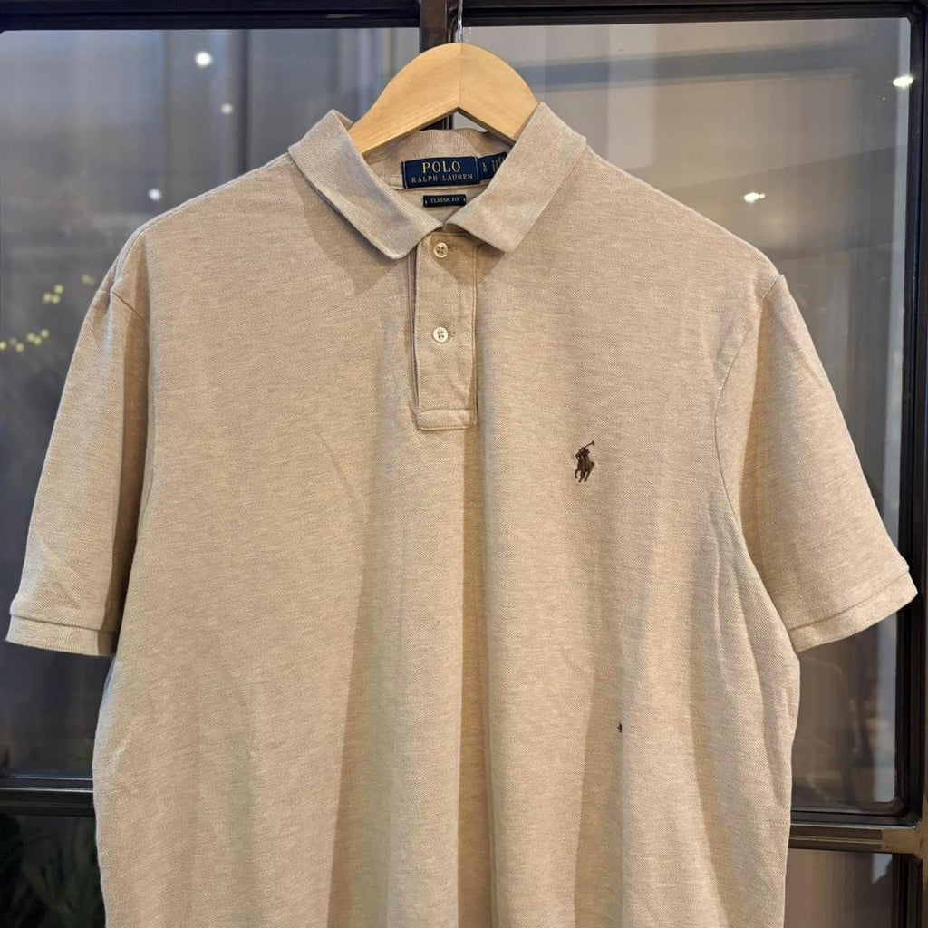 POL524F-P - Vintage Retro Ralph Lauren Plain Beige Polo Shirt Short Sleeve collared button up top  #Y2K #preppy #chiefkeef #oldmoney #ralphlauren