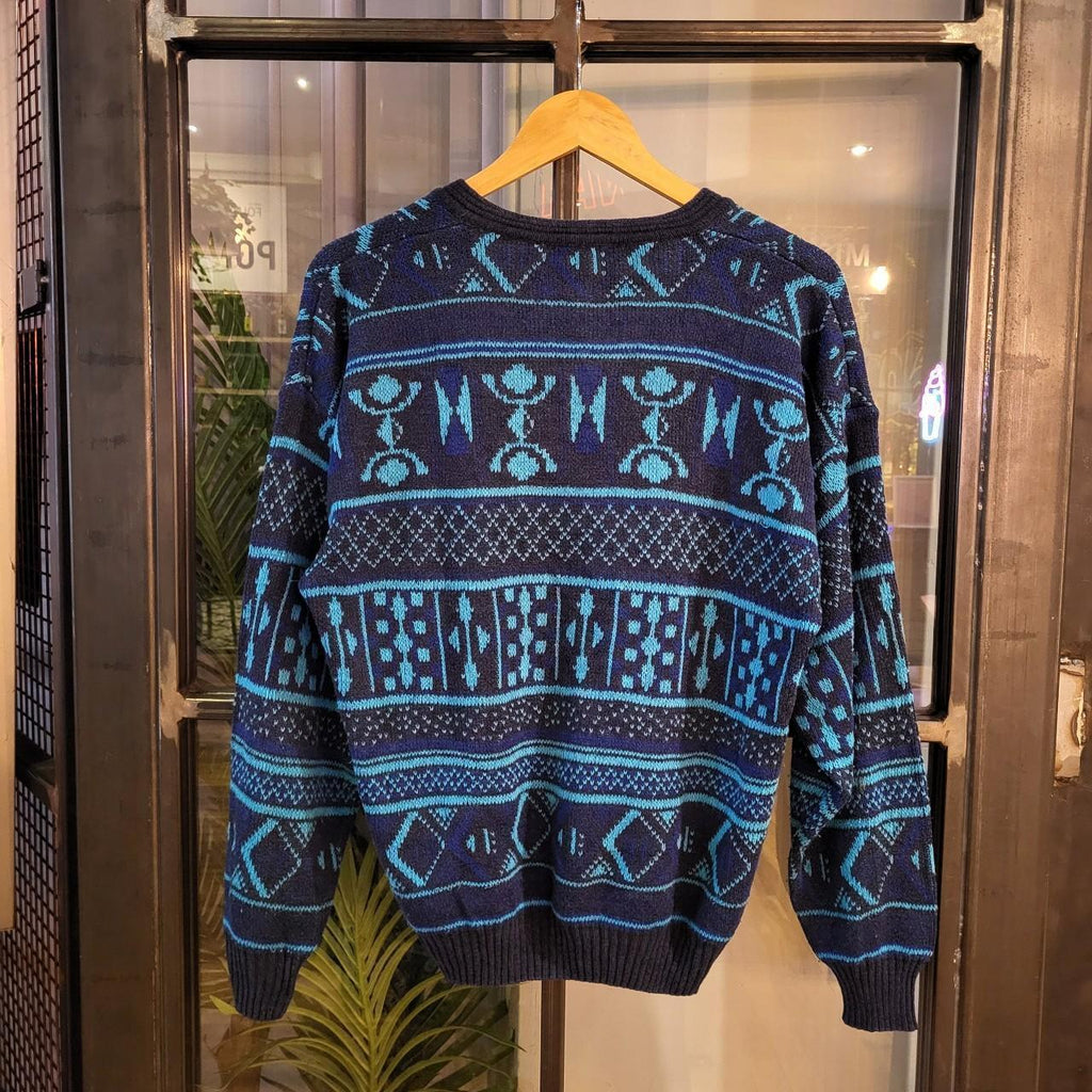 KNT1037 - Vintage Retro Essential navy blue patterned argyle golf grandpa knitted cosby sweatshirt jumper crewneck true vintage 90s y2k
