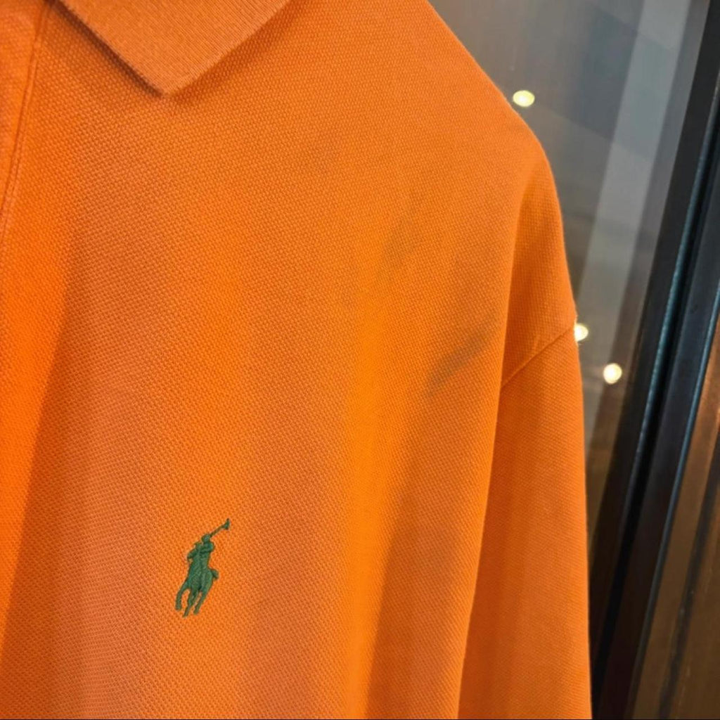 POL407-F - Vintage Retro Ralph Lauren Orange Plain Polo Shirt Short Sleeve collared button up top  #Y2K #preppy #chiefkeef #oldmoney #ralphlauren