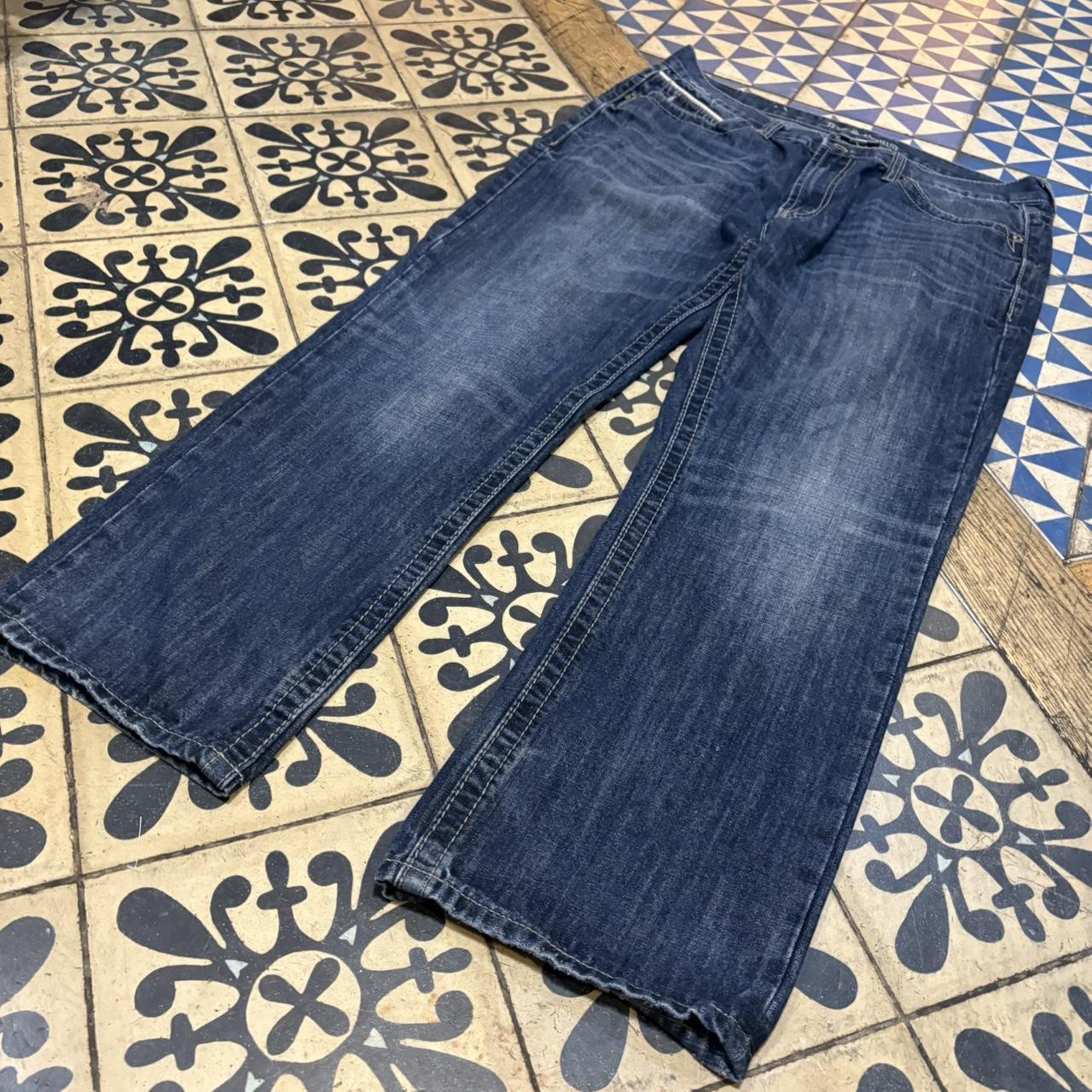 0325C95UF - Vintage retro essential Axe & Crow Dark Blue Wash Denim Jeans Trousers pants with embroidered pattern stitched detailing #denim #slimfit #axe&crow #embroidered #y2k