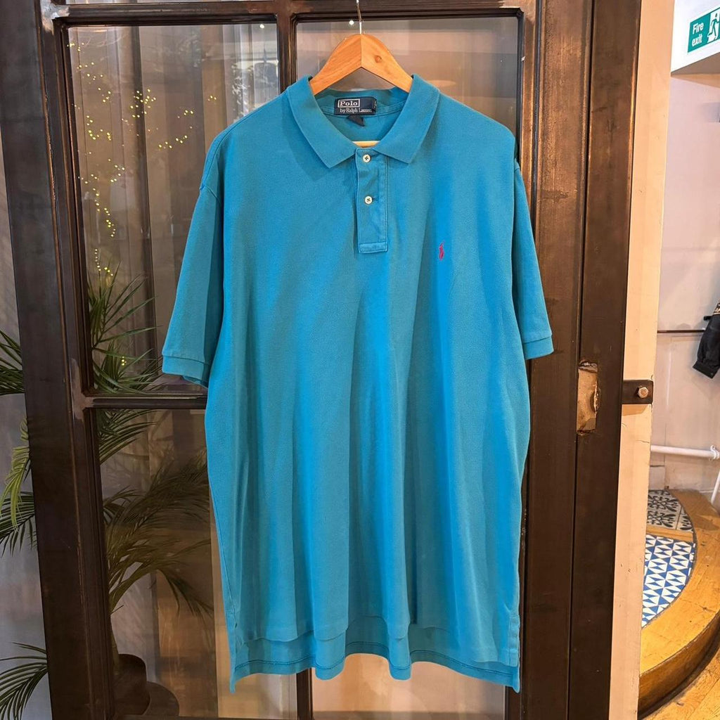 POL488F - Vintage Retro Ralph Lauren Plain Blue Polo Shirt Short Sleeve collared button up top  #Y2K #preppy #chiefkeef #oldmoney #ralphlauren