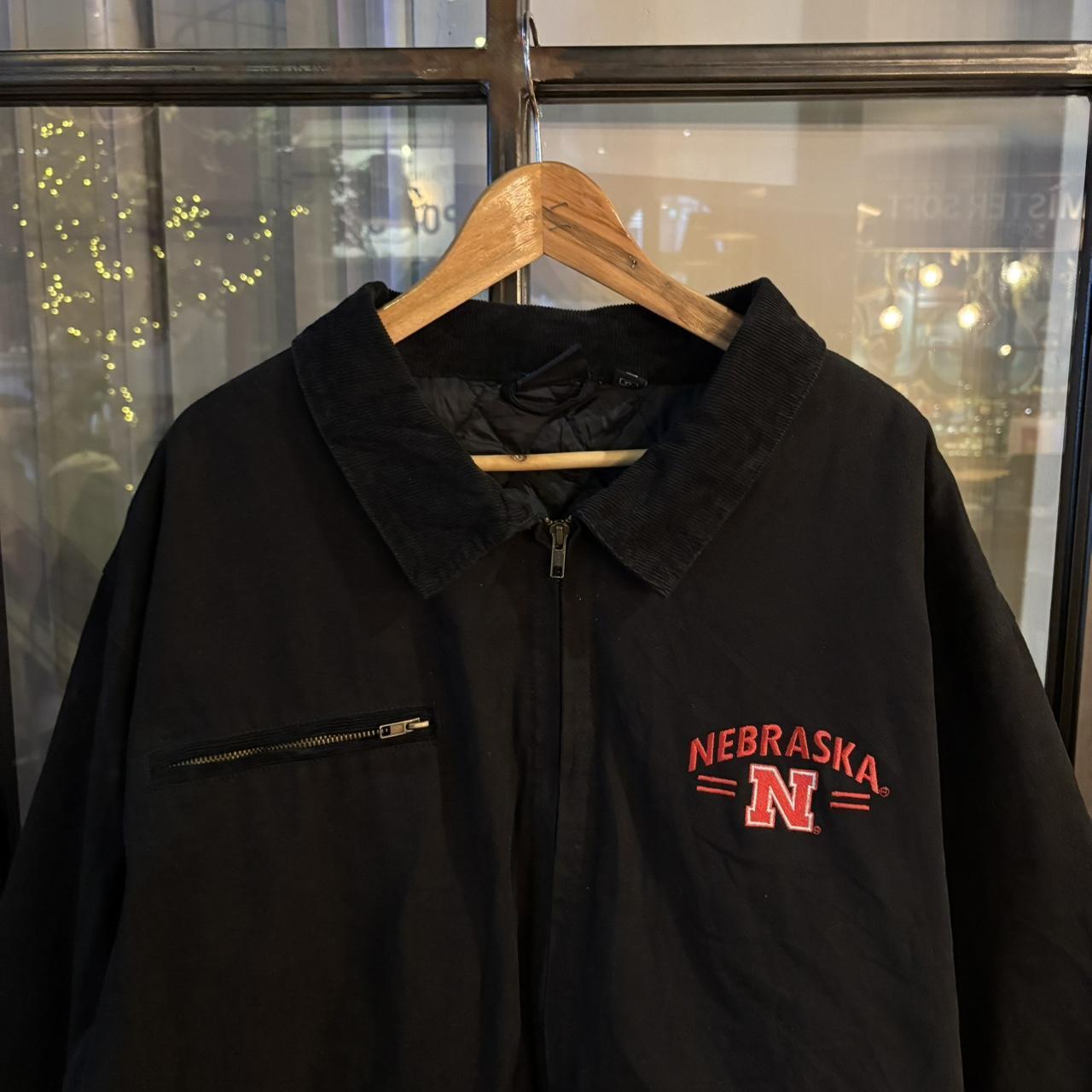 0125A80BR - Vintage Retro Black Full Zip Up lined Canvas Detroit Style Corduroy Collar Workwear Jacket With Embroidered Nebraska Chest logo  #utility #workwear #detroitjacket #boxy