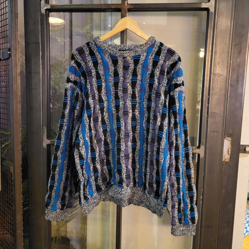 CSK003 - Vintage Retro Coogi-style Navy Blue Grey 3D Textured grandad knit Patterned Sweatshirt Knitwear sweater Jumper #hiphop #coogi #biggie #grandad #sweater