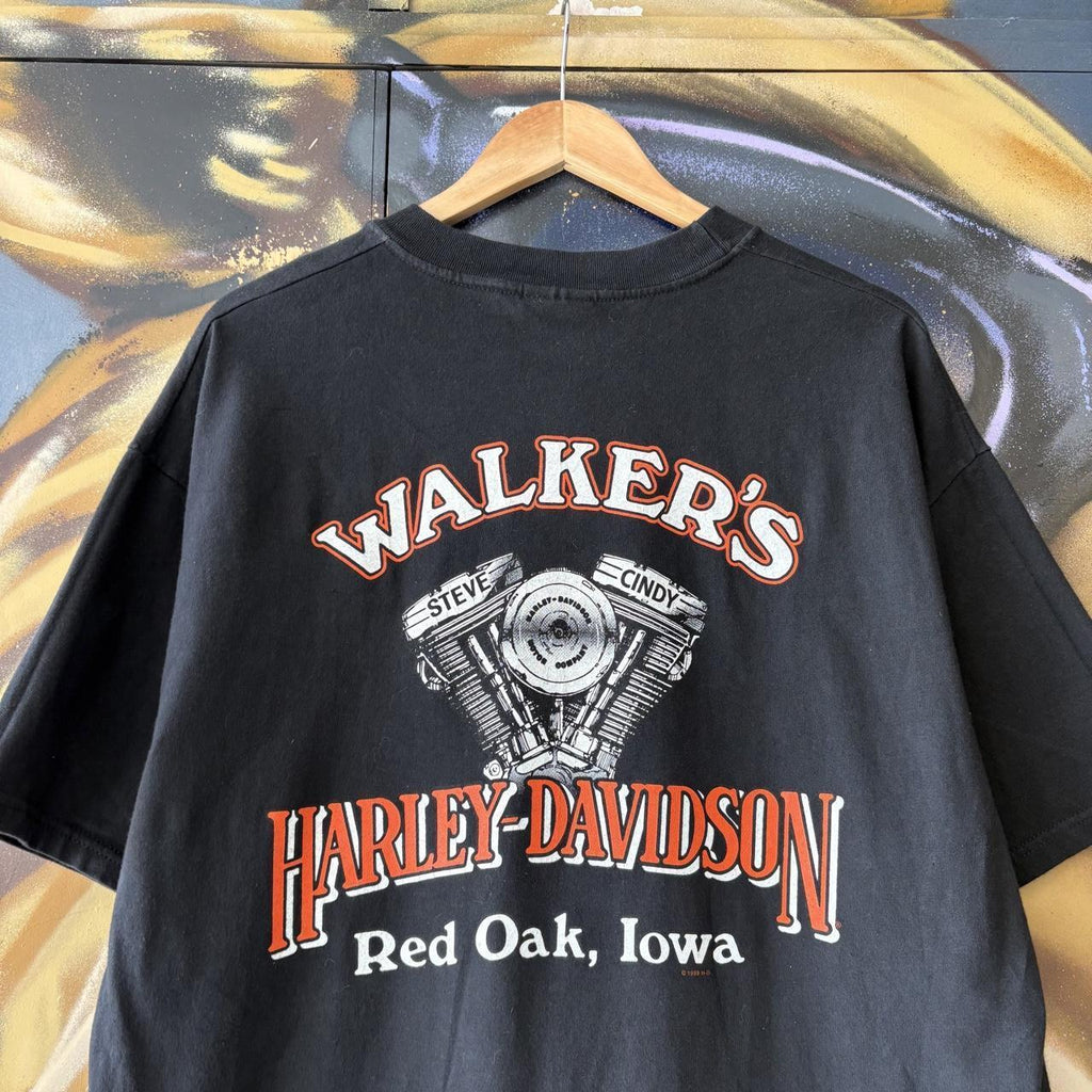 Vintage Harley Davidson T Shirt Mens XL Black Red Oak Iowa Biker Grunge Graphic Print Top Tee T-shirt 90s Y2K 00s