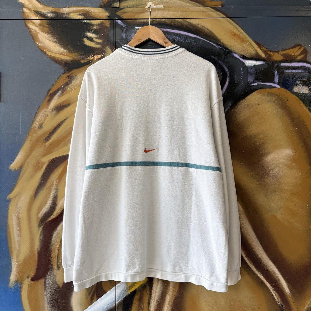 Vintage Nike Sweatshirt Mens Large White Blue Centre Solo Swoosh Block Spell Out Pullover Jumper Top 90s Y2K 00s