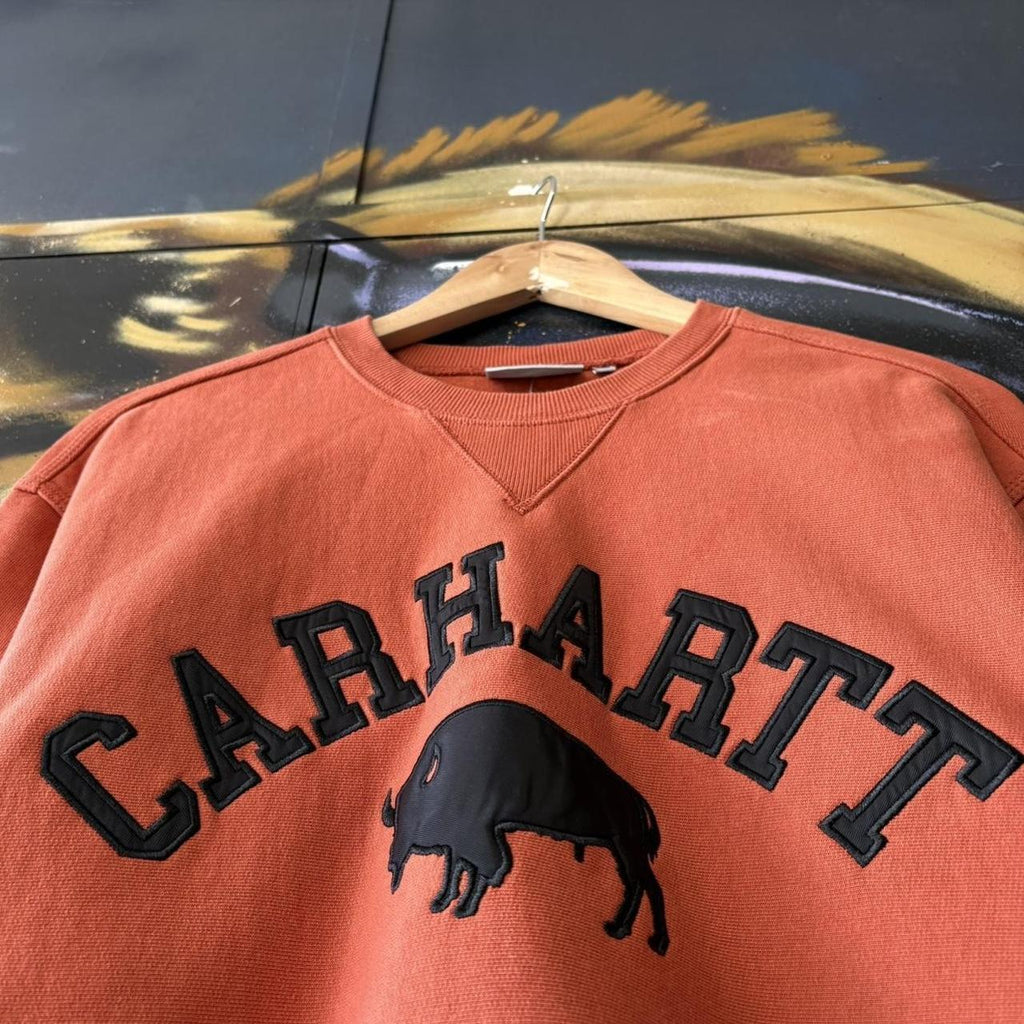 Vintage Carhartt WIP Sweatshirt Mens Small Rust Orange Buffalo Graphic Crewneck Jumper Skate 90s Y2K