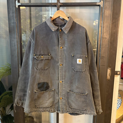 0325I92BR - Vintage Retro Essential Grey Carhartt Button Up Corduroy Collared Workwear Canvas Chore Jacket #workwear #utility #carhartt #chorejacket