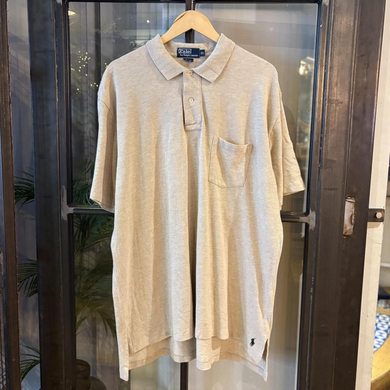 POL450F-P - Vintage Retro Ralph Lauren Beige Plain Pocket Polo Shirt Short Sleeve collared button up top  #Y2K #preppy #chiefkeef #oldmoney #ralphlauren