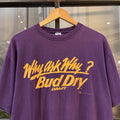 Vintage Bud Dry Beer T shirt Mens XL Purple Graphic Promo Slogan Why Ask Why? Print Tee Top 90s