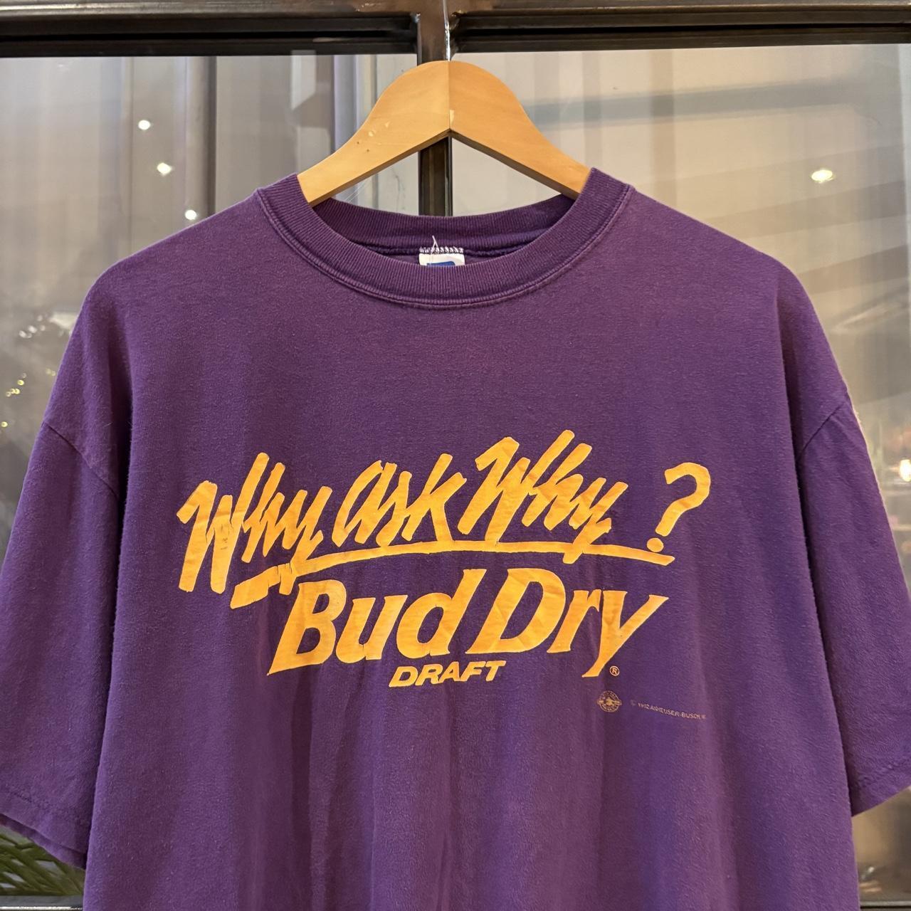 Vintage Bud Dry Beer T shirt Mens XL Purple Graphic Promo Slogan Why Ask Why? Print Tee Top 90s
