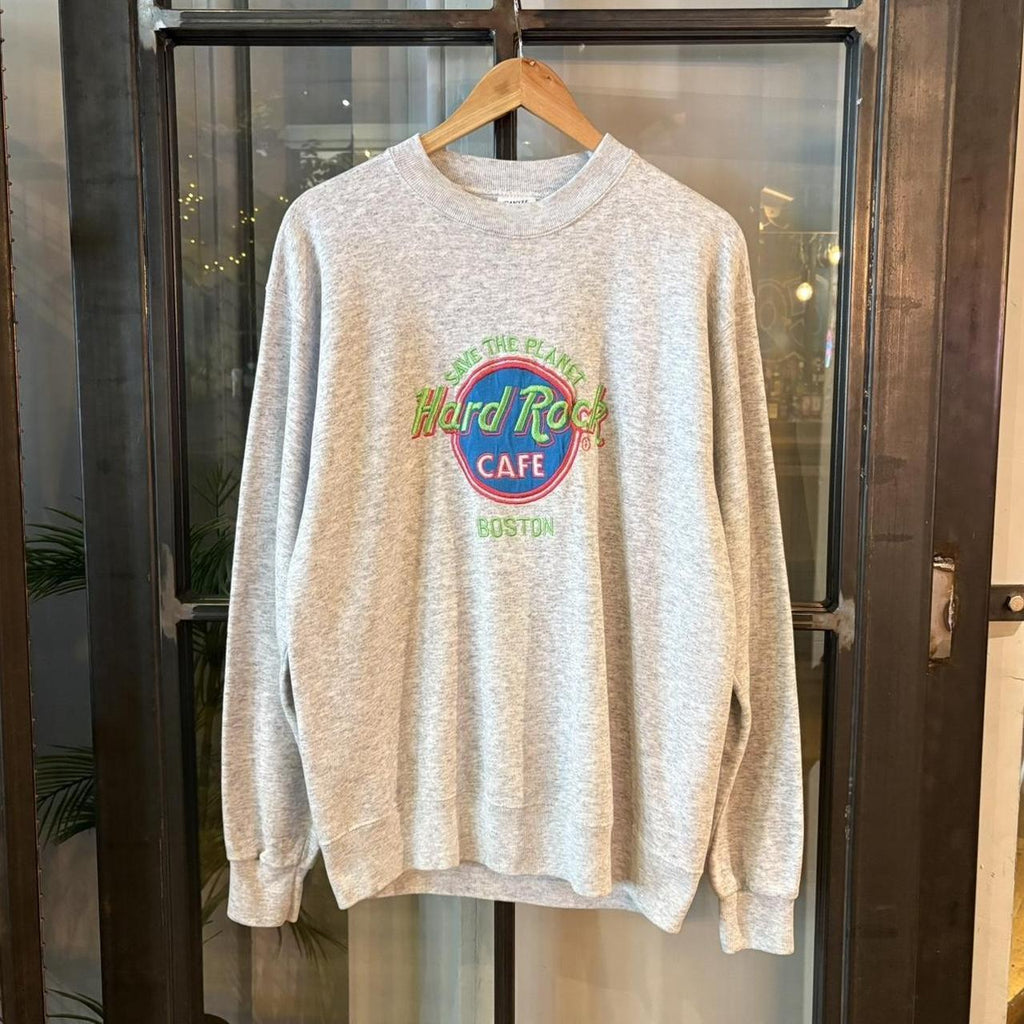 SWT614BR - Vintage Retro Essential Grey Hard Rock Cafe Crewneck Jumper Sweatshirt with Save the planet boston embroidered centre logo #90s #boston #essential #y2k #hardrock