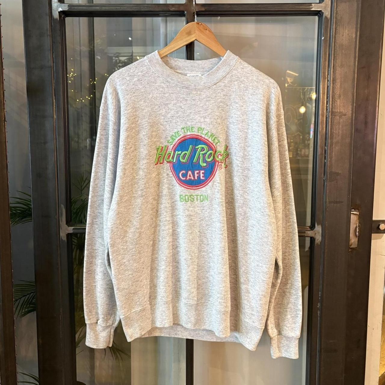SWT614BR - Vintage Retro Essential Grey Hard Rock Cafe Crewneck Jumper Sweatshirt with Save the planet boston embroidered centre logo #90s #boston #essential #y2k #hardrock
