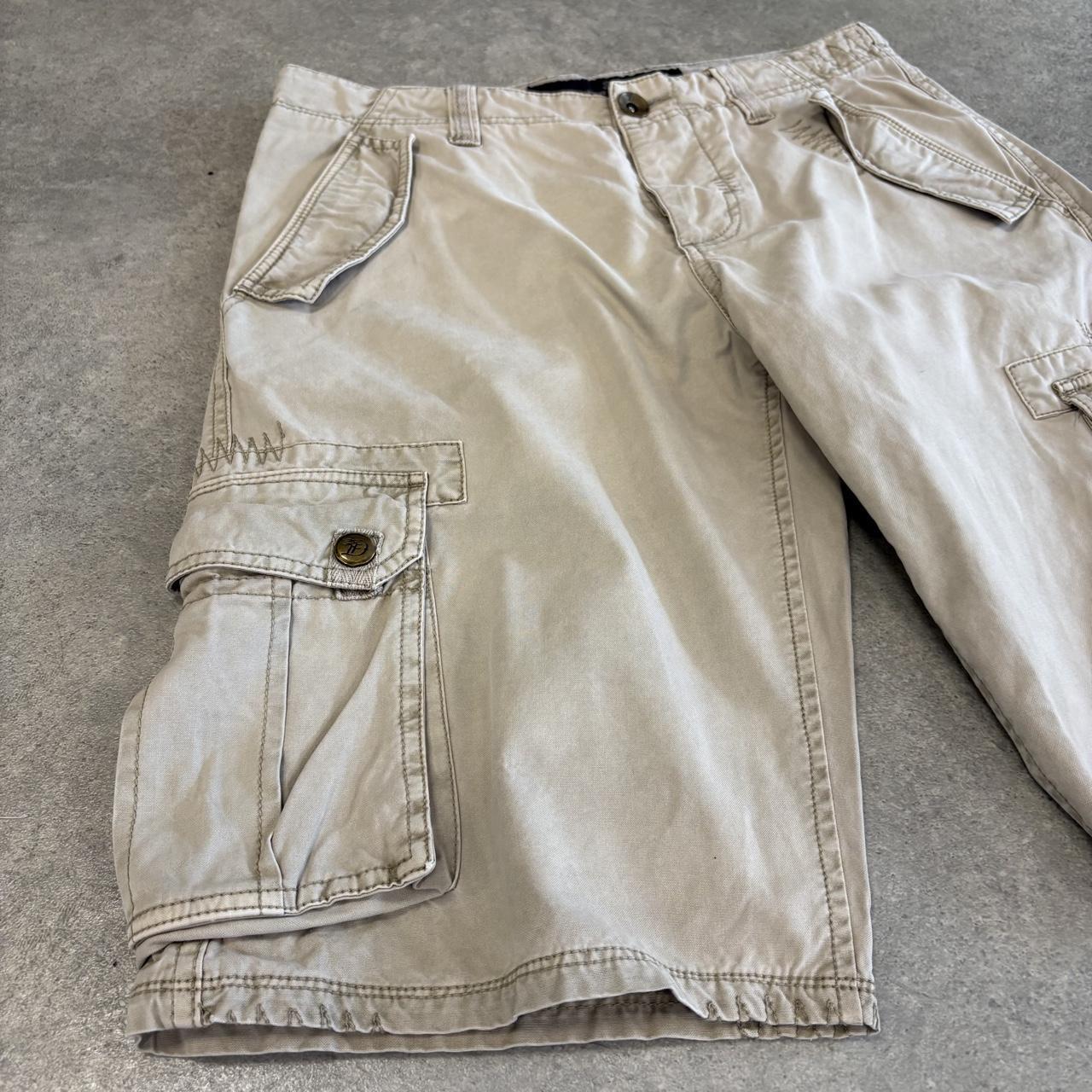 Vintage Tom Taylor Denim Jorts Mens 28” Beige Utility Cargo Shorts Multi Pockets Baggy Wide Leg Skate Surf Hip Hop 00s Y2K