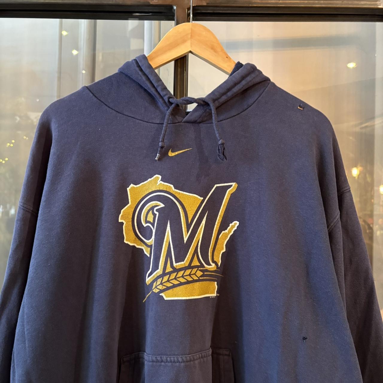 SWT711F - SWT616F - Vintage Retro Essential Navy Nike MLB Milwaukee Brewers Sweatshirt Hoodie with print logo and on Nike Team Tag #baseball #sportswear #essential #nike #y2k