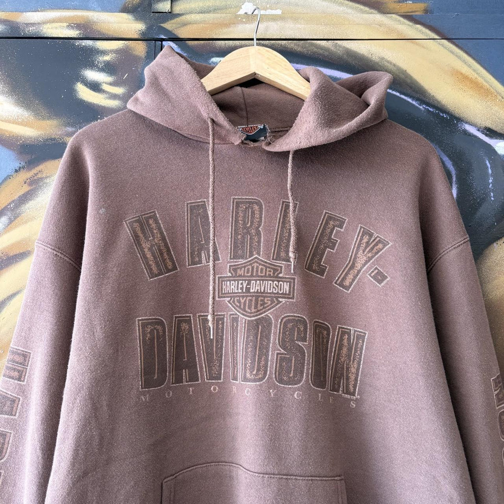 Vintage Harley Davidson Hoodie Mens  Large Brown Italy Treviso Biker Logo Graphic Print Jumper Top 90s Y2K 00s