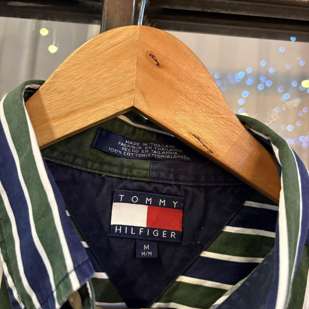 POL704-F - Vintage Ralph Lauren Dark Green and Navy Striped Longsleeve collared button up polo shirt top #Y2K #preppy #chiefkeef #smartcasual #oldmoney