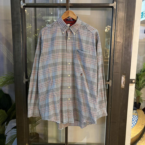 1224E80-P - Vintage Tommy Hilfiger Blue Navy Patterned Checked Shirt longsleeve collared button up #Y2K #preppy #chiefkeef #preppy #oldmoney