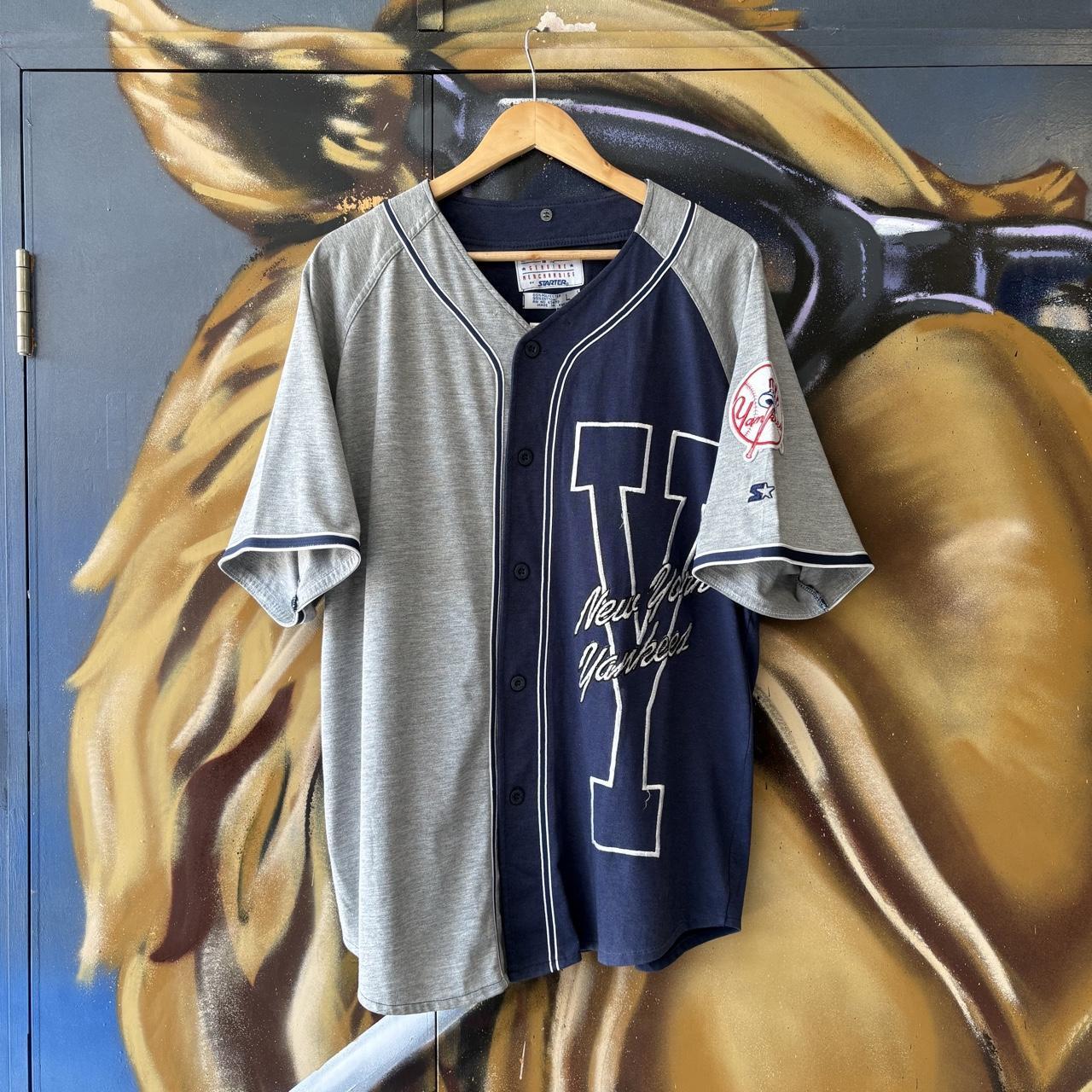 Vintage New York Yankees T shirt Mens Large Navy Grey Button Up Baseball Jersey Training Tee Top 90s Y2K 00s