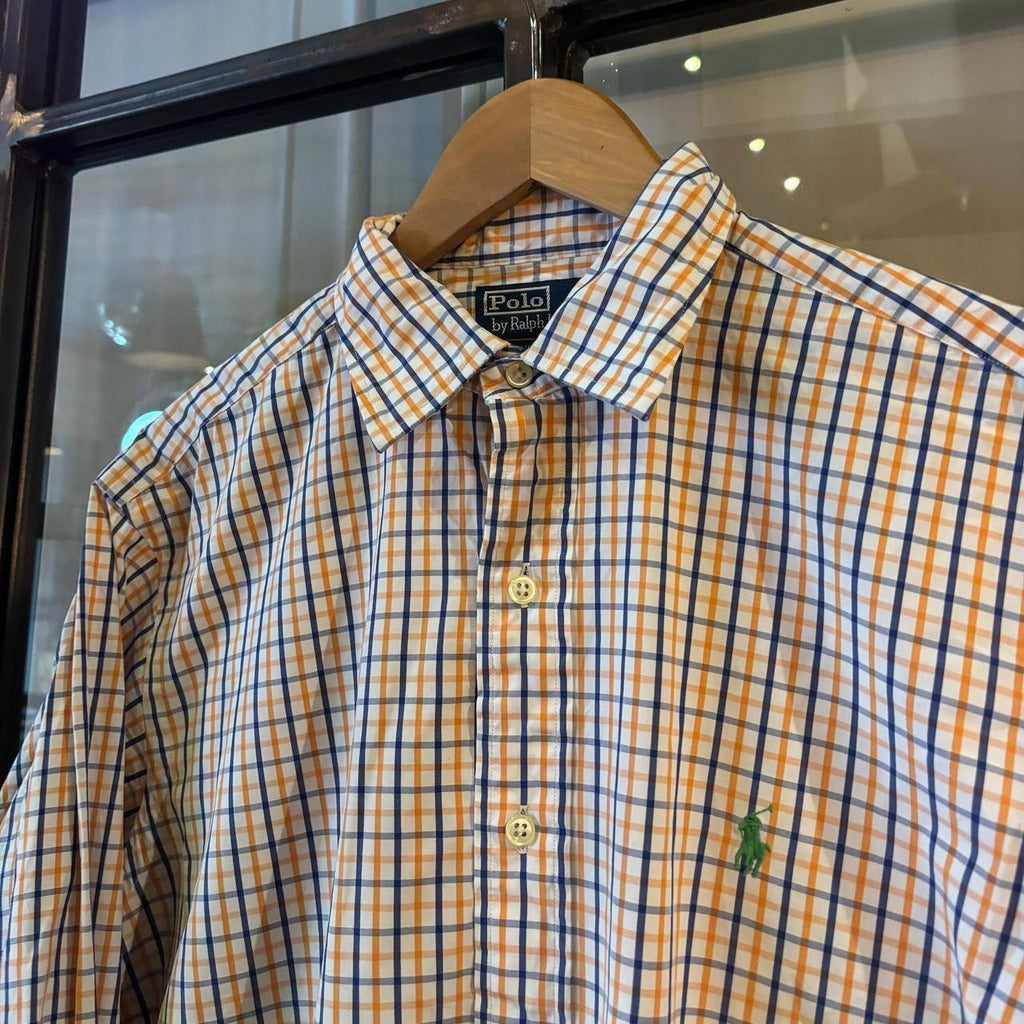 RLS251F - Vintage Ralph Lauren Orange and Blue Check Longsleeve collared button up polo shirt top #Y2K #preppy #chiefkeef #smartcasual #oldmoney