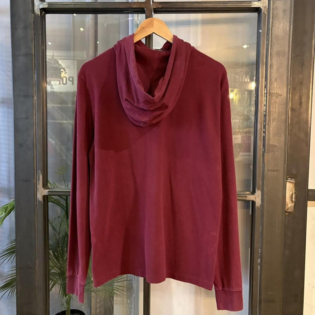 SWT706F - Vintage Retro Essential Burgundy Polo Ralph Lauren 1/4 Button Up Hooded Sweatshirt Hoodie with embroidered logo #90s #preppy #oldmoney #poloralphlauren #y2k