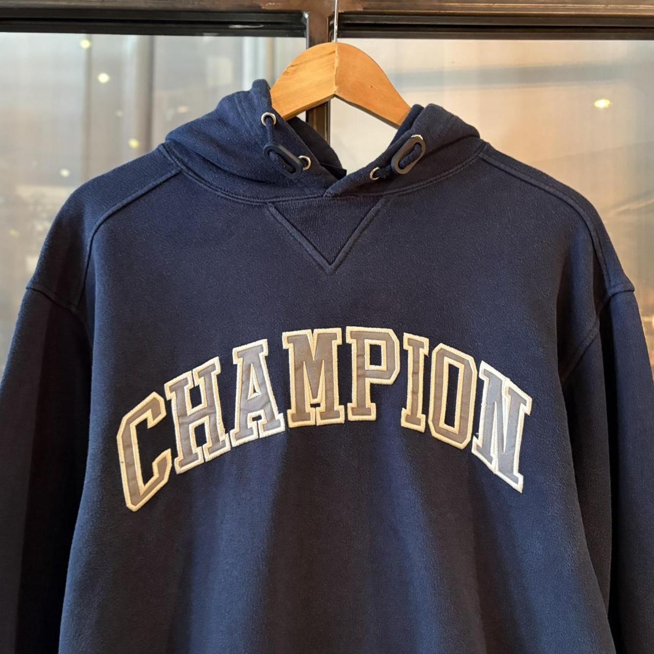 Vintage Retro Essential Navy Champipn Sweatshirt Hoodie with embroidered patch spell out logo #90s #sportswear #essential #champion #y2k