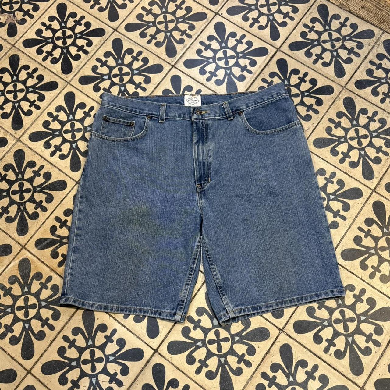 MA0503Z-P - American Vintage Retro Essential St. Johns Bay Blue Wash Denim Shorts Jorts with detailed patch Logo hip hop baggy wide leg 90s 00s y2k grunge streetwear style workwear #hiphop #90s #jorts #skater