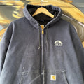 Vintage Carhartt Active Jacket Mens XL Navy J131-DNY Made In USA Full Zip Hooded Canvas Heavyweight Coat 90s Y2K