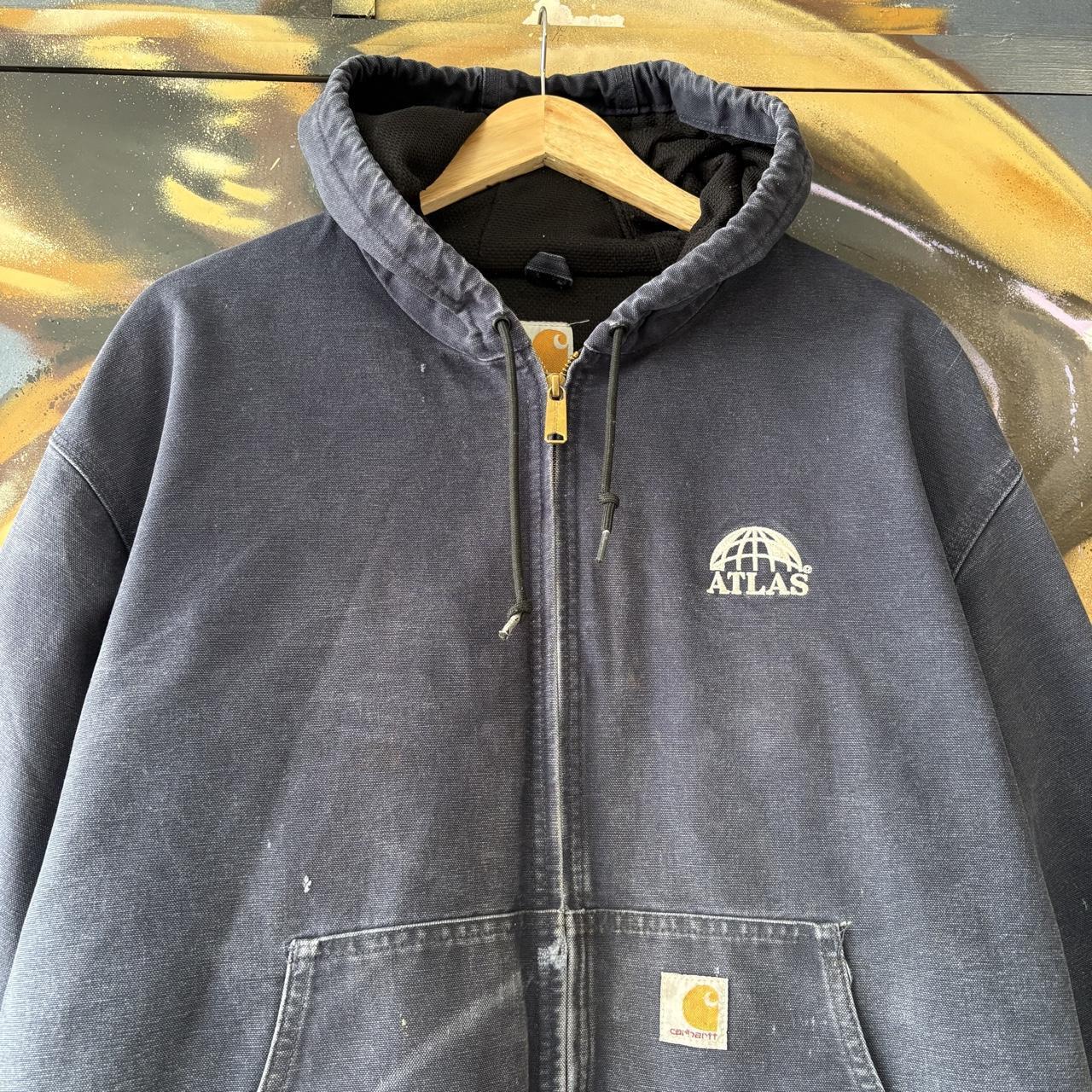 Vintage Carhartt Active Jacket Mens XL Navy J131-DNY Made In USA Full Zip Hooded Canvas Heavyweight Coat 90s Y2K