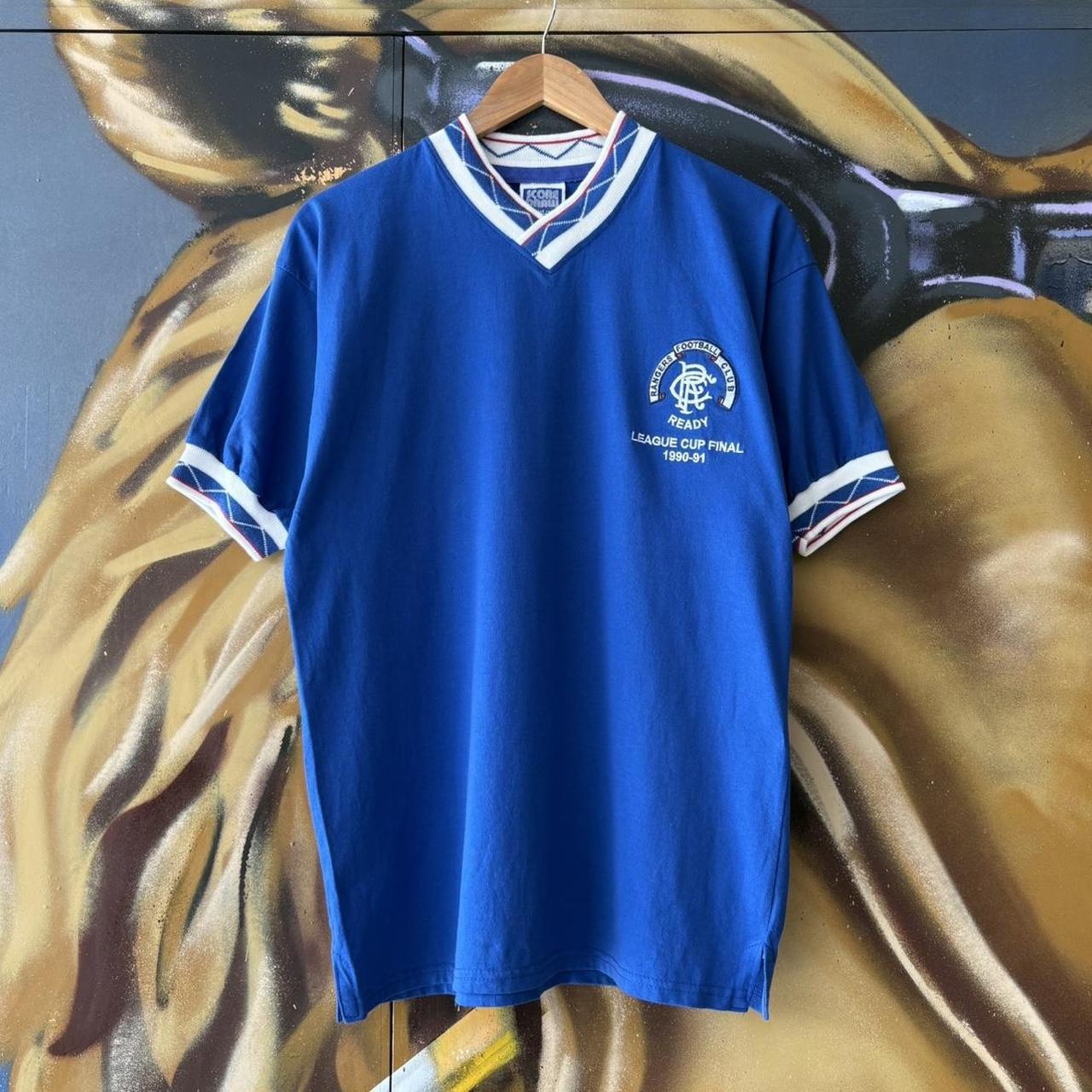 Vintage Score Draw Rangers Jersey Mens Medium Blue Home 1990 1991 League Cup Final T Shirt Kit Top
