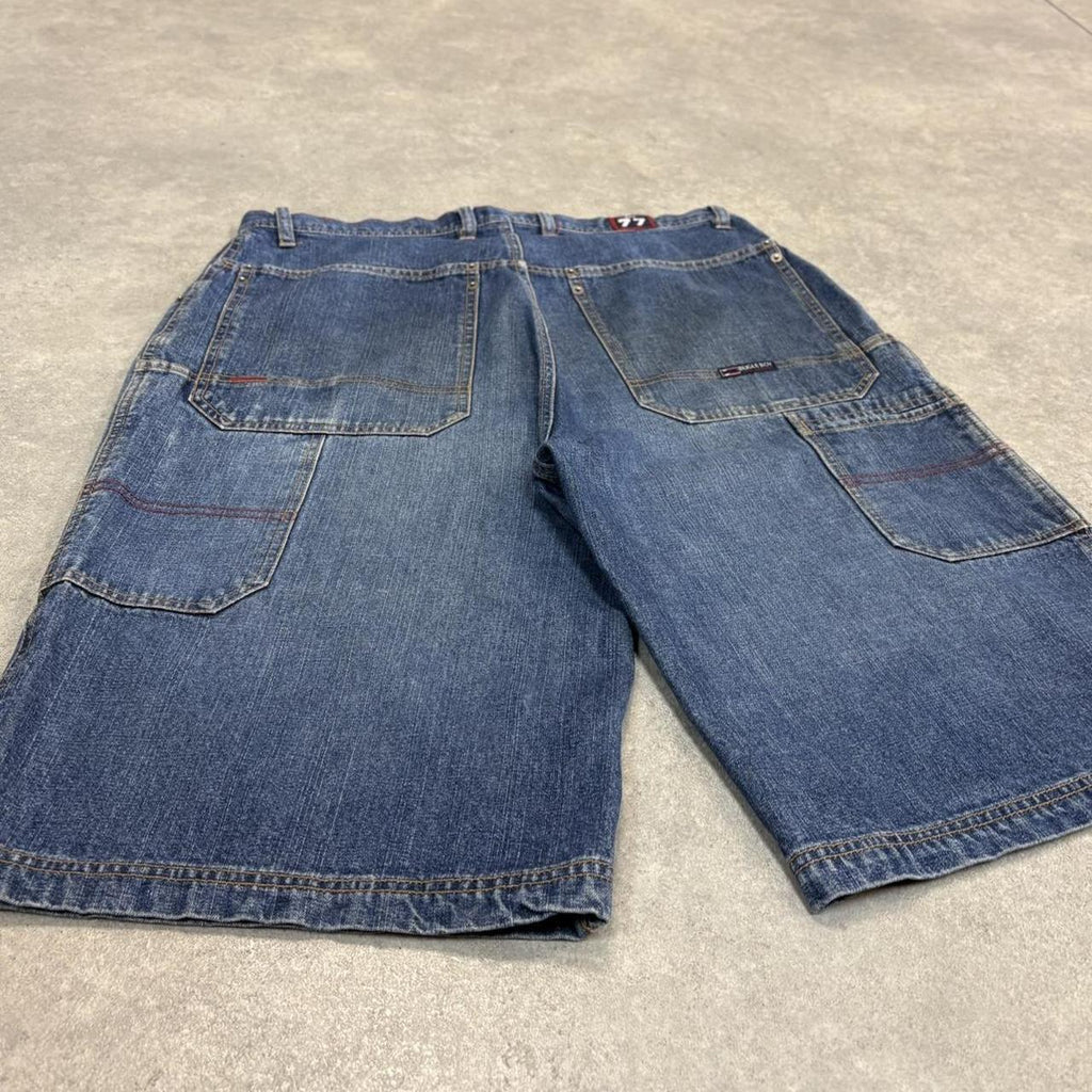 Vintage Dark Blue Wash Bugle Boy Jorts Mens 34” Baggy Wide Leg Skate Surf Denim Jean Shorts Hip Hop Streetwear Y2K