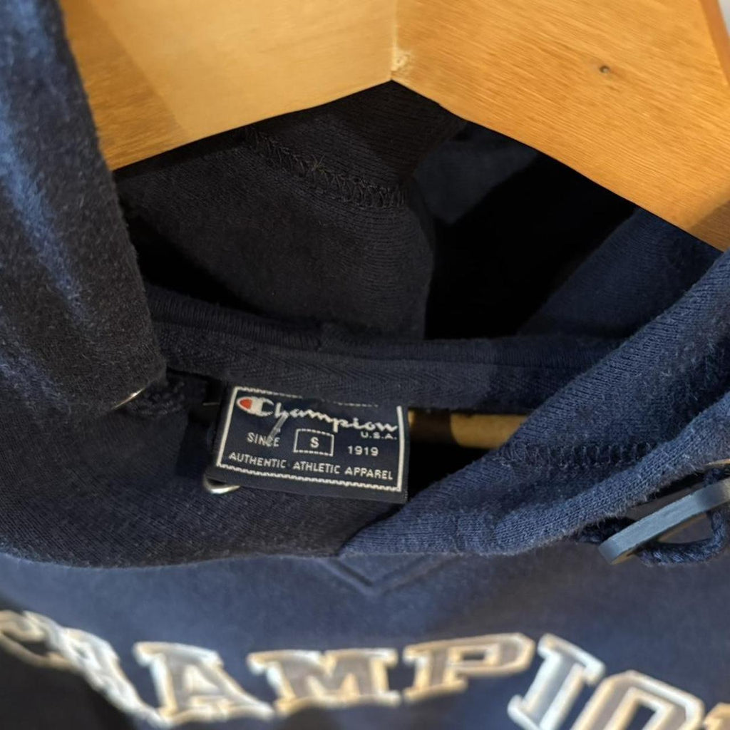 Vintage Retro Essential Navy Champipn Sweatshirt Hoodie with embroidered patch spell out logo #90s #sportswear #essential #champion #y2k