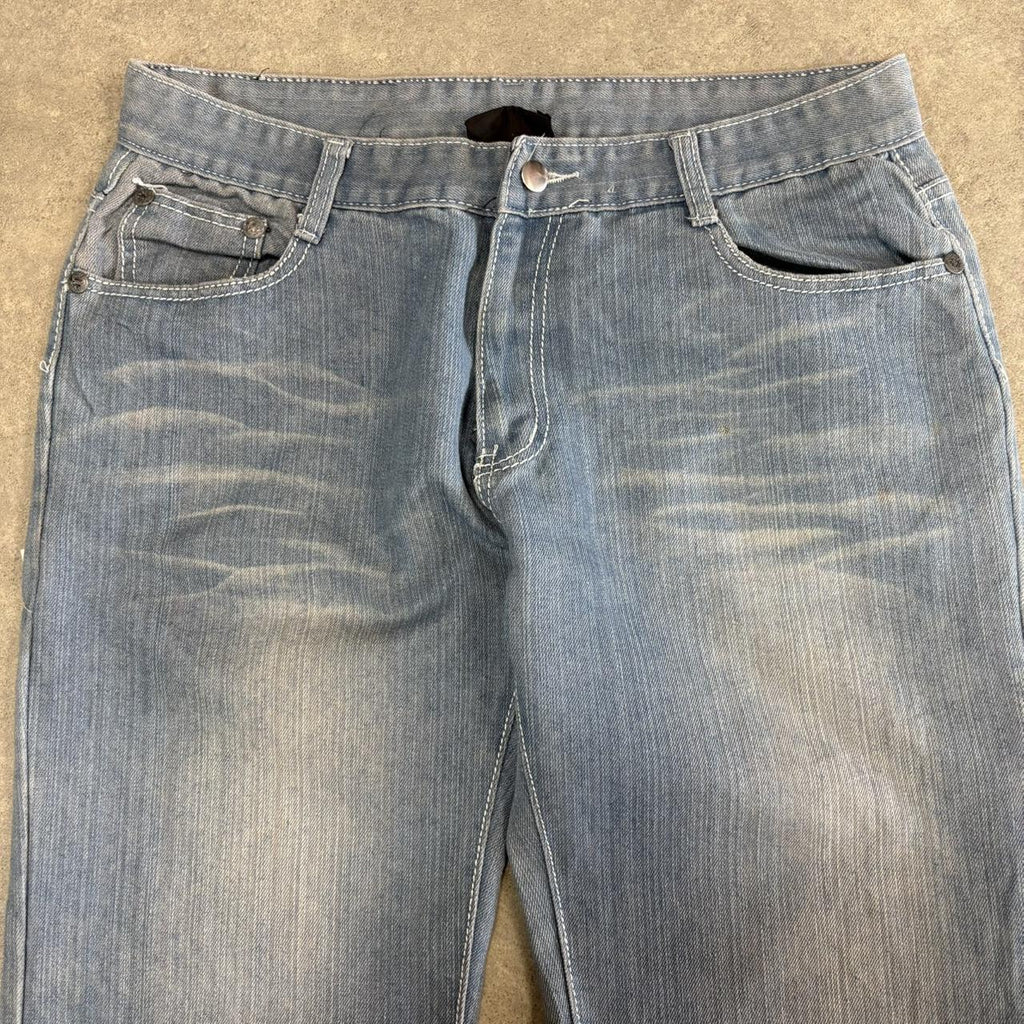 Vintage Light Blue Wash Jeans Mens 34x32 Denim Embroidered Detail Trousers Skate Western Vintage Y2K 90s