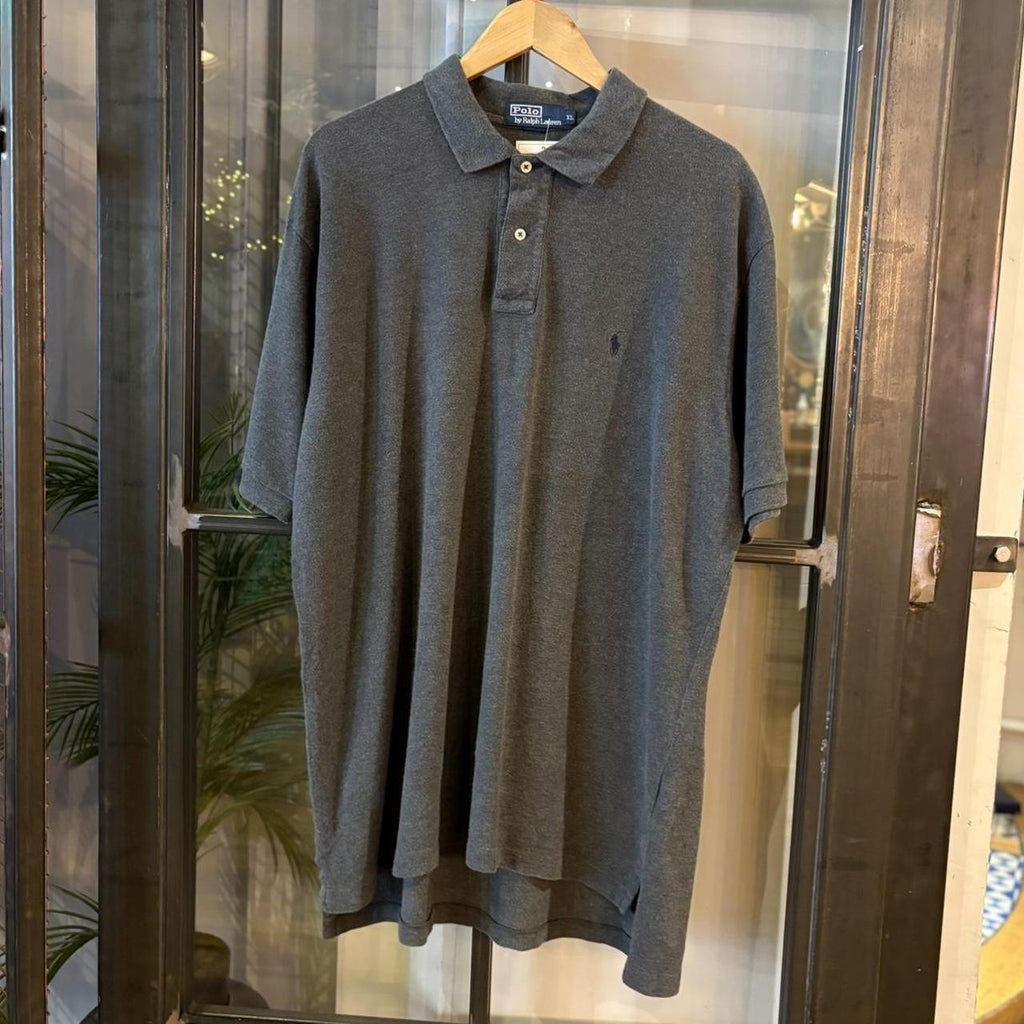 POL429F - Vintage Retro Ralph Lauren Dark Grey Plain Polo Shirt Short Sleeve collared button up top  #Y2K #preppy #chiefkeef #oldmoney #ralphlauren