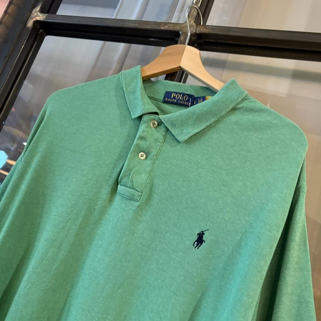 POL424F-P - Vintage Retro Ralph Lauren Green Plain Polo Shirt Short Sleeve collared button up top  #Y2K #preppy #chiefkeef #oldmoney #ralphlauren