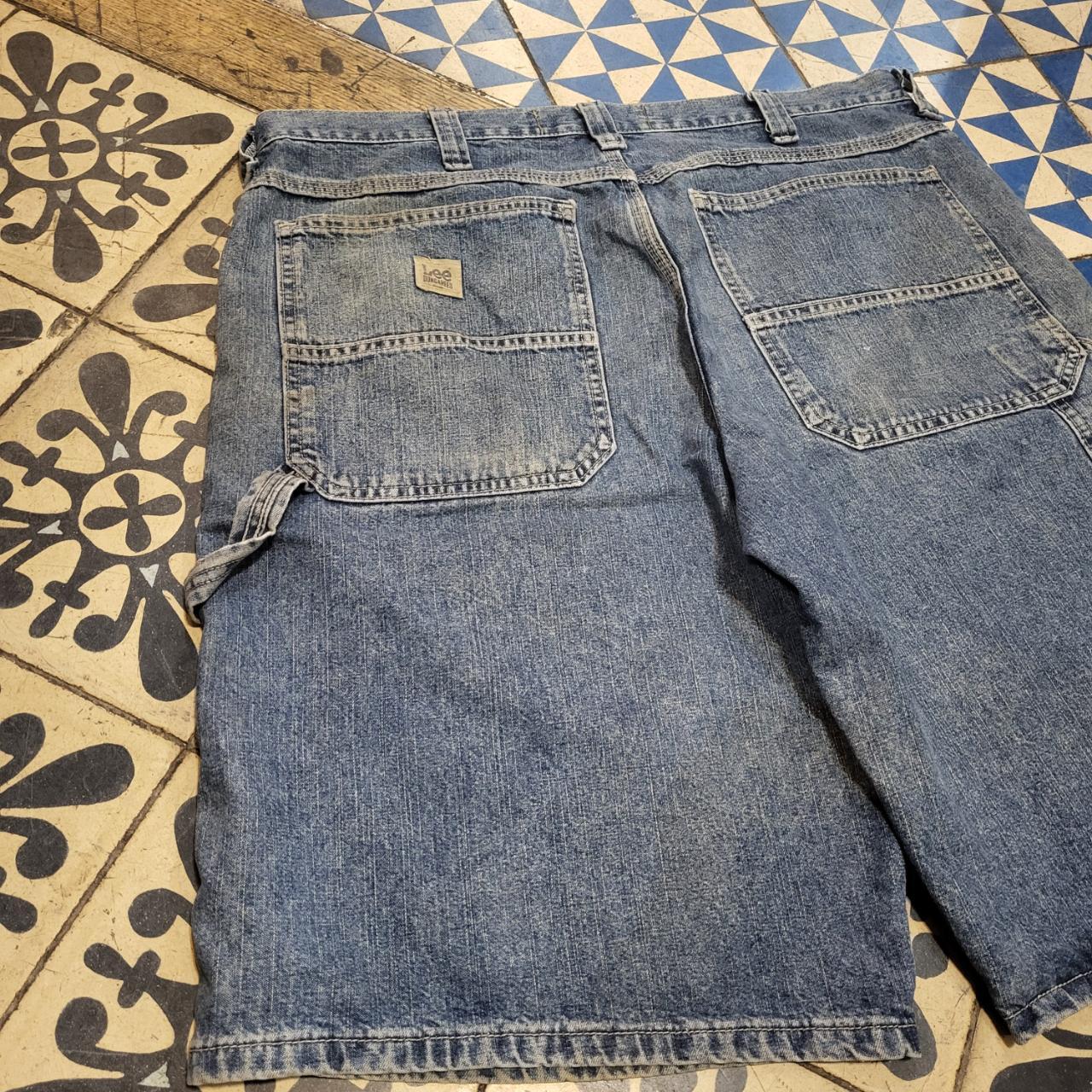 JRT310 - Vintage Retro Lee Blue Wash Denim Shorts Jorts with detailed embroidered Logo graphic carpenter workwear #y2k #carpenter #jorts #skater